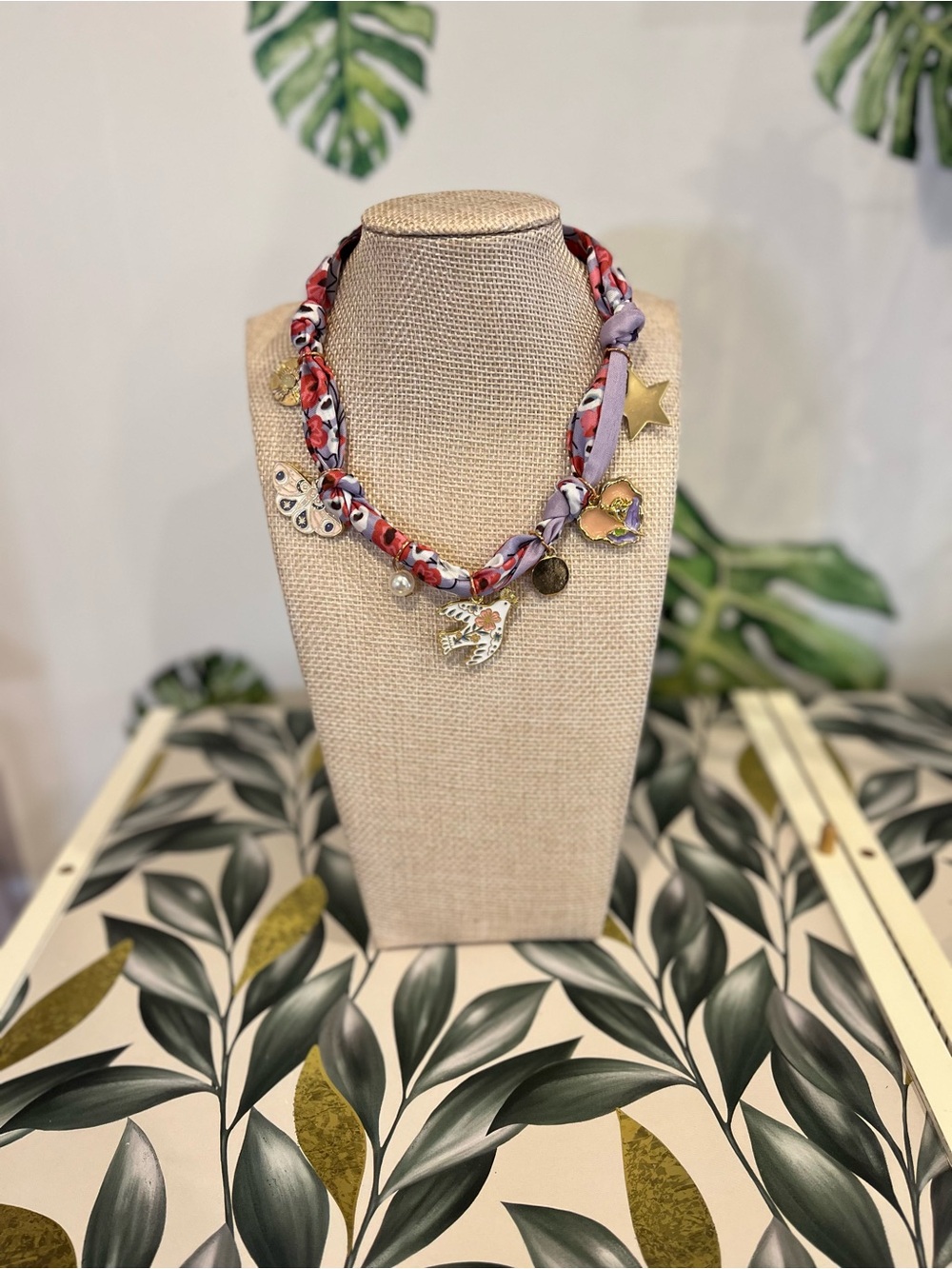 Red & Lavender Knot Charm Necklace with Mixed Metal Accents